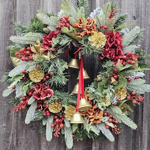 Red and Gold Traditional Christmas Wreath,Large Winter Artificial Front Door hanging,Glitter Bauble Wreath with pinecones and dried lemons