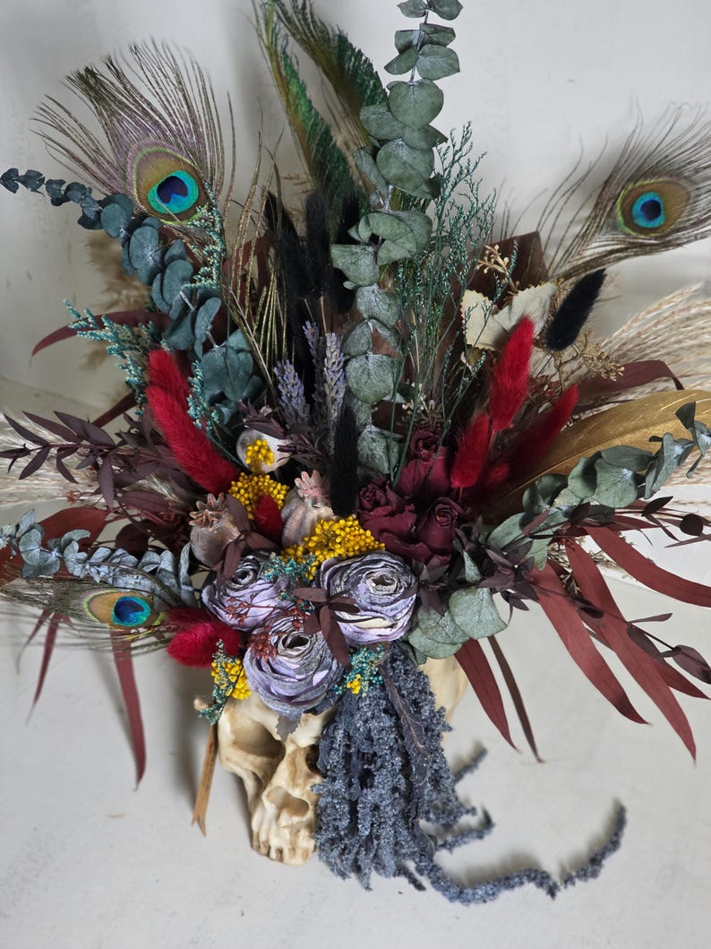 Skull dark flower decor,skeleton gothic home decor,sugar skull table decor,scary flower arrangement,Creepy gift,alternative gift,human skull image 17