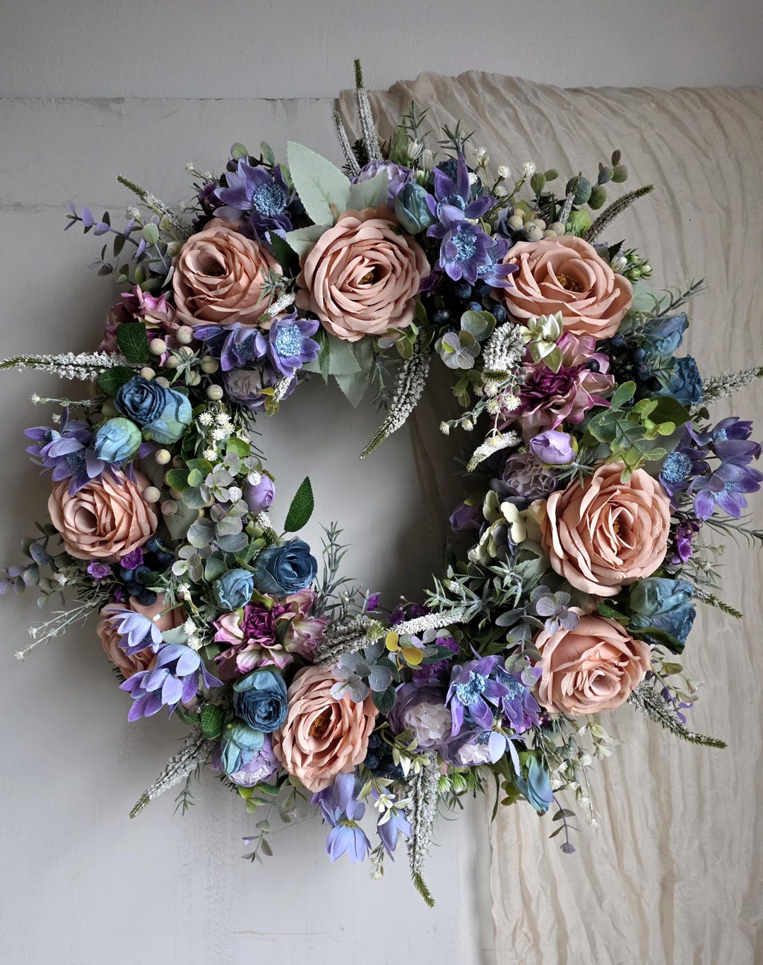 Large Spring Summer Door Wreath,blue Lilac Peach Faux Flower Wreath Xl ...