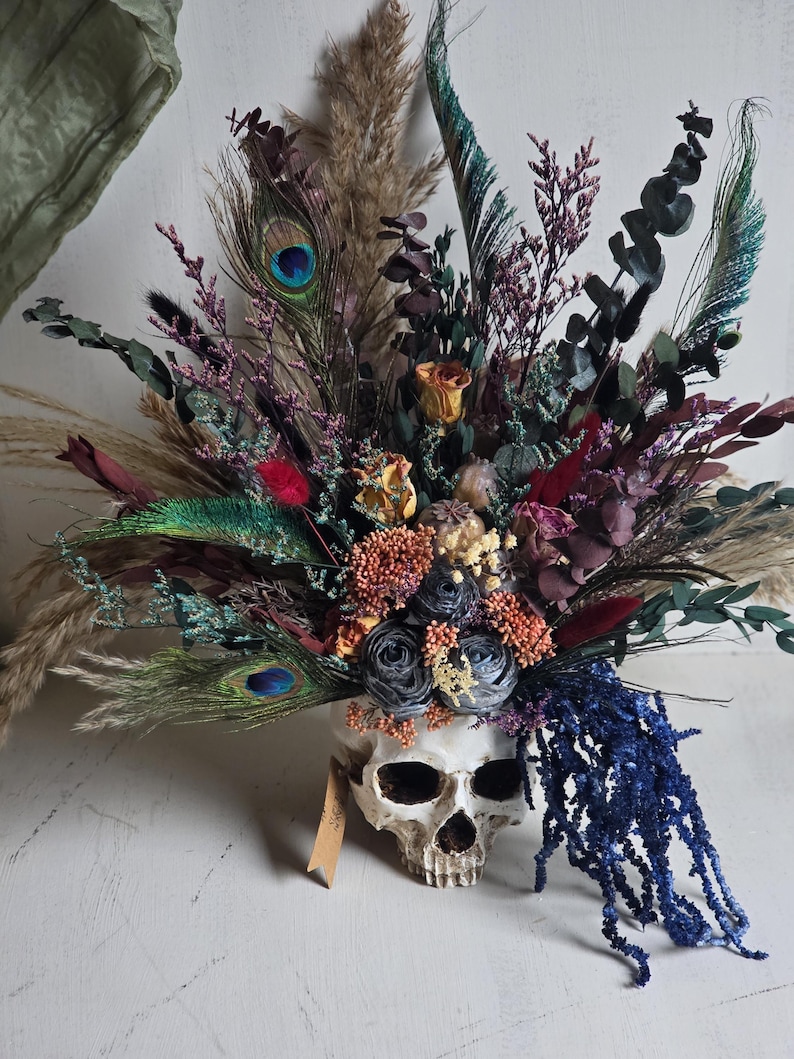 Skull dark flower decor,skeleton gothic home decor,sugar skull table decor,scary flower arrangement,Creepy gift,alternative gift,human skull image 11