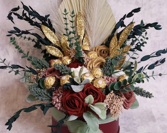Ramo de chocolate Ferrero Rocher con rosas para toda ocasión, cesta de regalo con flores artificiales, regalo de cumpleaños, aniversario, caja de regalo de agradecimiento, rosas y chocolate.