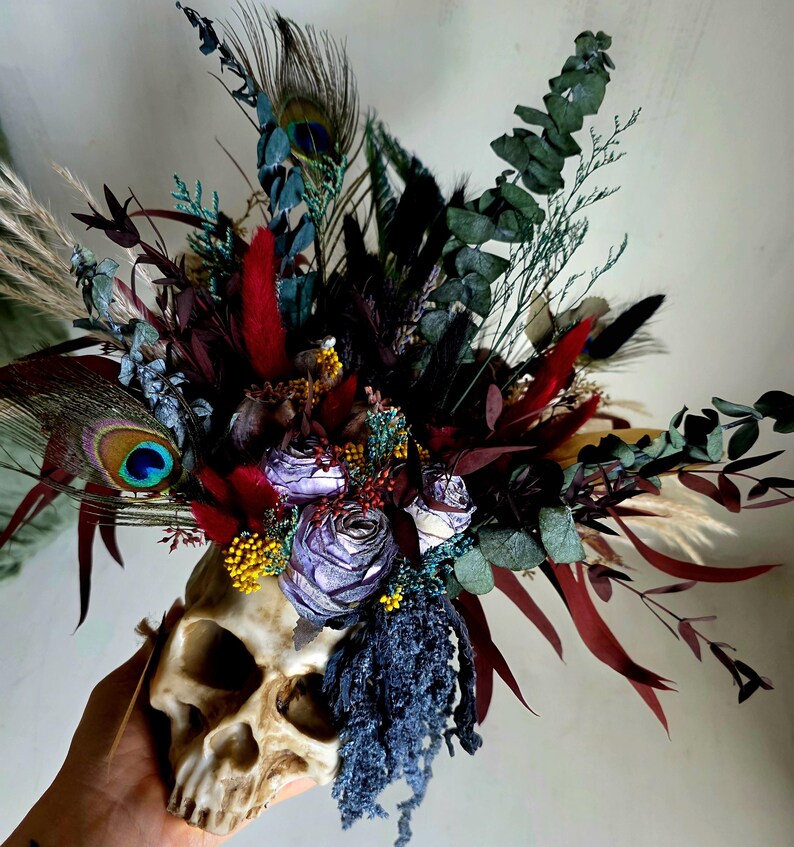 Skull dark flower decor,skeleton gothic home decor,sugar skull table decor,scary flower arrangement,Creepy gift,alternative gift,human skull image 15