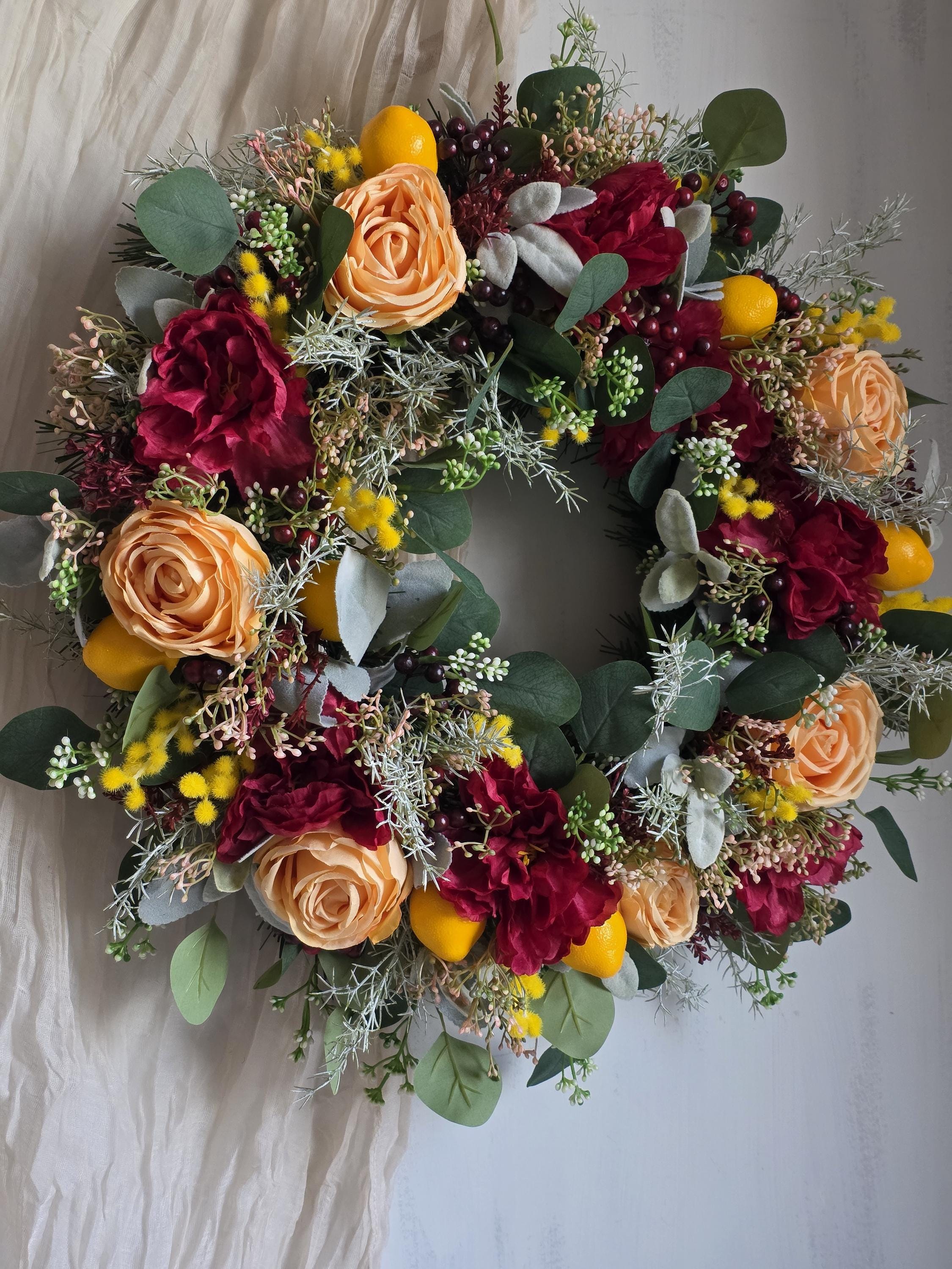 Summer Door Wreath,yellow Lemon Wreath,large Red Peonies Wreath