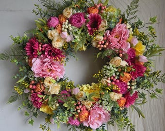 Grande couronne de printemps pour porte d'entrée, couronne de pivoine rose vif et jaune de luxe, couronne de porte de fleurs artificielles gerbera roses, couronne d'hortensias XL