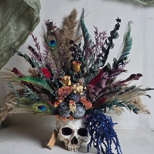 Skull dark flower decor,skeleton gothic home decor,sugar skull table decor,scary flower arrangement,Creepy gift,alternative gift,human skull image 9