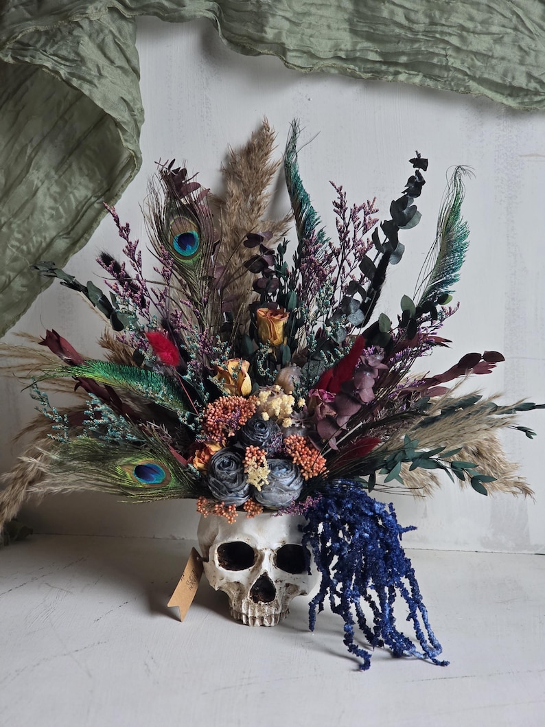 Skull dark flower decor,skeleton gothic home decor,sugar skull table decor,scary flower arrangement,Creepy gift,alternative gift,human skull image 9
