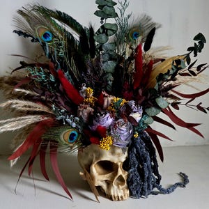 Skull dark flower decor,skeleton gothic home decor,sugar skull table decor,scary flower arrangement,Creepy gift,alternative gift,human skull image 20