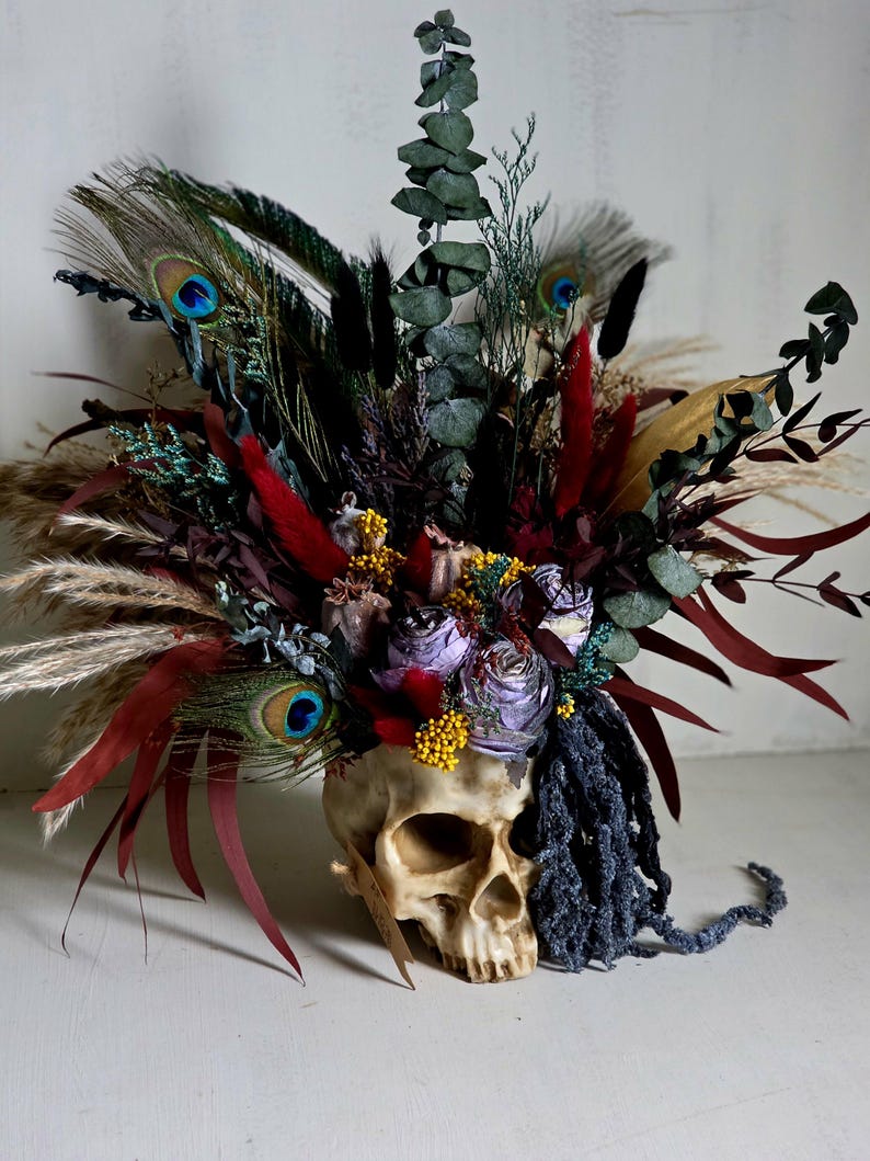 Skull dark flower decor,skeleton gothic home decor,sugar skull table decor,scary flower arrangement,Creepy gift,alternative gift,human skull image 20