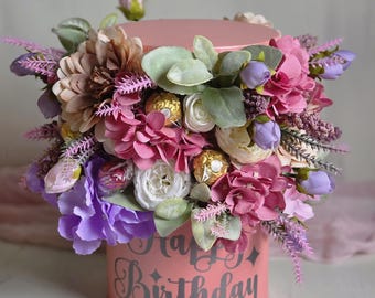 Flores de cumpleaños personalizadas, flores de regalo, regalo de chocolate, regalo floral de cumpleaños, regalo de lujo para mamá, regalo de flores, ramo de chocolate, caja de rosas