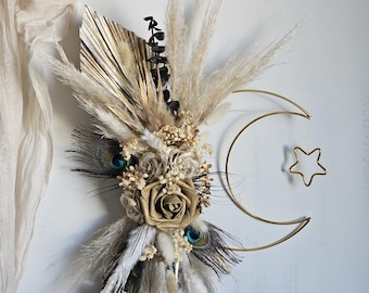 Ramadan decor,Elegent sage green and gold dried flower Eid display,Ramadan gold moon,Ramadan wall hanging home decor,Eid Decor,Eid Gift moon