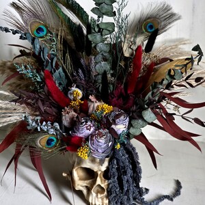Skull dark flower decor,skeleton gothic home decor,sugar skull table decor,scary flower arrangement,Creepy gift,alternative gift,human skull image 16