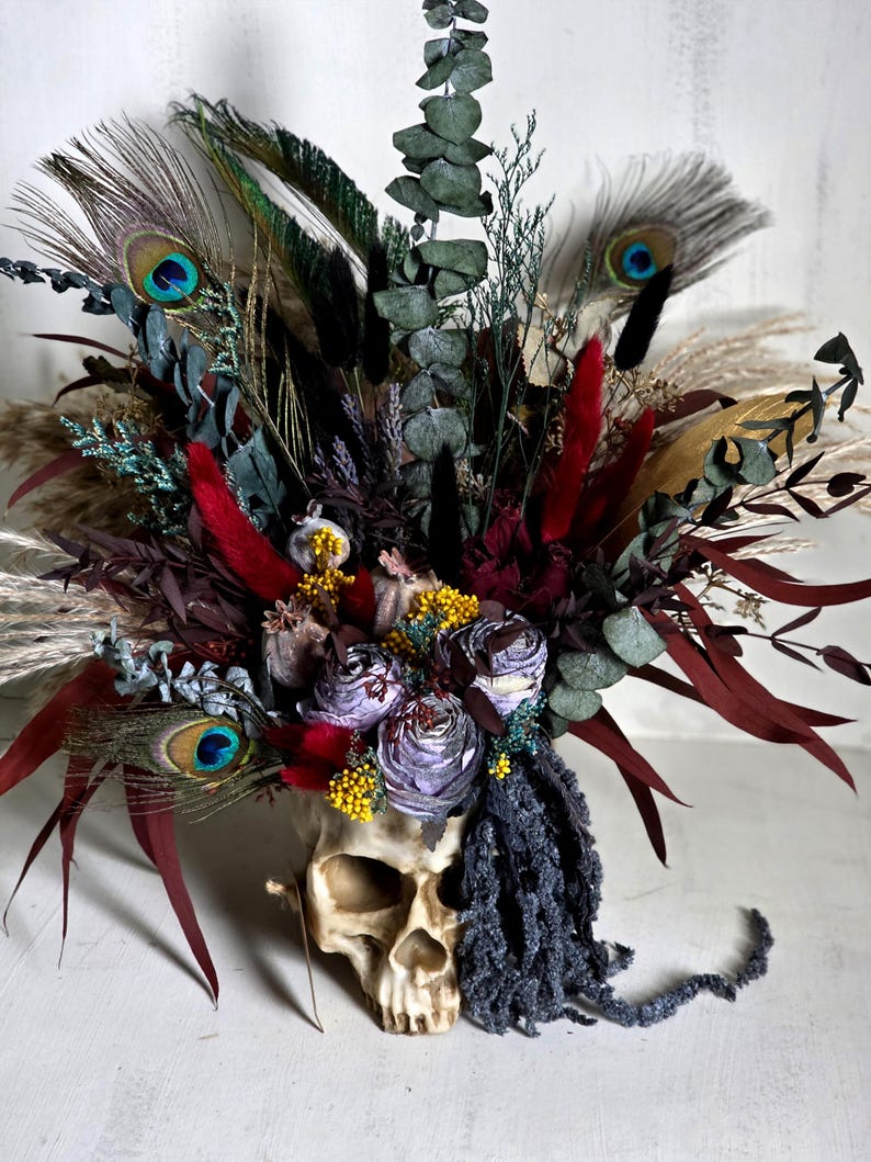 Skull dark flower decor,skeleton gothic home decor,sugar skull table decor,scary flower arrangement,Creepy gift,alternative gift,human skull image 16