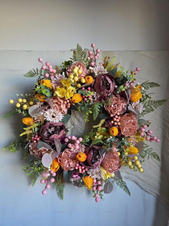 Frühlings-Ostern-Kranz für Haustür, Großer Rosa Lila Tulpe Pfingstrose Gerbera Kranz mit Eukalyptus, Gelb Orange Blumen-Front Porch Decor 55 cm
