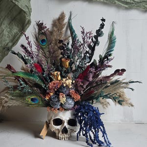 Skull dark flower decor,skeleton gothic home decor,sugar skull table decor,scary flower arrangement,Creepy gift,alternative gift,human skull image 10