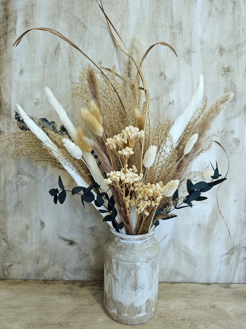 Rustic Vintage style Hand painted Glass Jar Filled With Natural Dried Pampas grass, bunny tails, baby breath, preserved Eucalyptus in calm natural tones.
