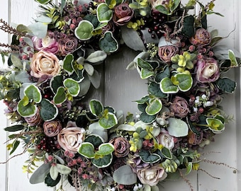 Grande ghirlanda per porta d'ingresso, adatta per tutto l'anno, ghirlanda estiva, autunnale, primaverile, invernale, con eucalipto e rosa malva, ghirlanda rustica boho per porta, per tutte le stagioni, 60 cm