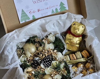 White and Gold Christmas Gift set for Mum Dad Friends and Family,Chocolate Gift hamper,Festive Gift,Christmas hamper Flowers and Chocolates