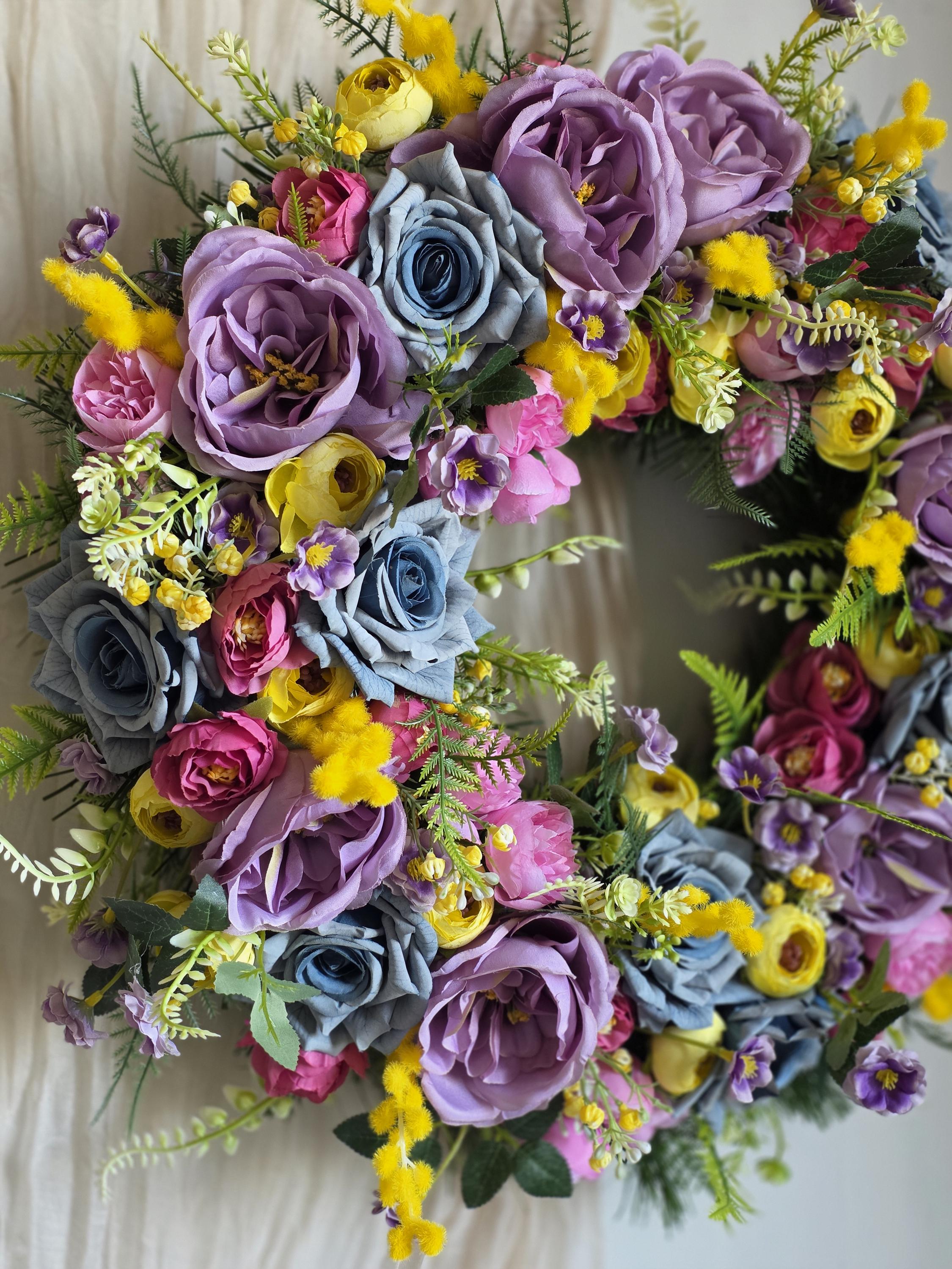 Lentekrans 20 inch krans voor voordeur kleurrijke kunstmatige bloemen krans madeliefje eucalyptus bloem zomer deurkrans decor krans voor binnen buiten muur raam