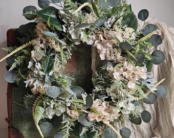 Artificial All Year Round Greenery Wreath,All Season Eucalyptus and Hydrangea Door Wreath,Cottage decor,Green artificial front door wreath