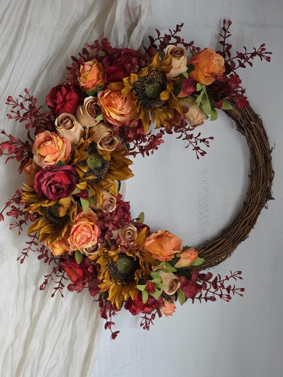Sunflower Half Wreath for Front Door,red Eucalyptus,burnt Orange