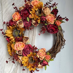 Sunflower Half Wreath for Front door,Burgundy burnt Orange artificial flower wreath,Autumn Wreath,Fall Door Wreath,Thanksgiving decor 35cm