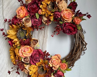 Meia guirlanda de girassol para porta da frente, guirlanda de flores artificiais laranja queimado bordô, guirlanda de outono, guirlanda de porta de outono, decoração de Ação de Graças 35 cm