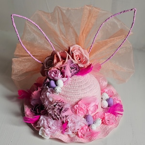 Gorro de Pascua, gorro de flores de verano rosa, gorro de Pascua para niños, gorro con orejas de conejo de Pascua, desfile de Pascua para niños, gorro floral único para niñas, gorro de flores