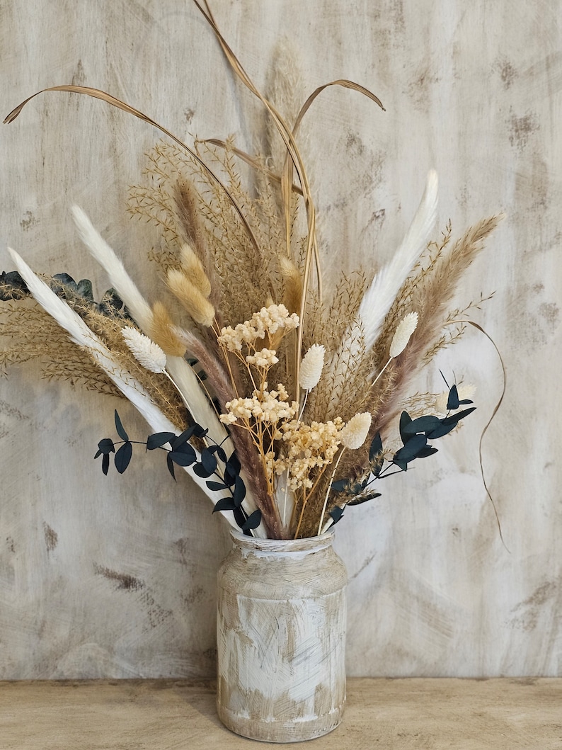 Dried Flower Bouquet with Vase,Natural Pampas Arrangement,Large Dried Pampas Grass,Preserved Flower Arrangement,Rustic Boho wedding Decor image 5