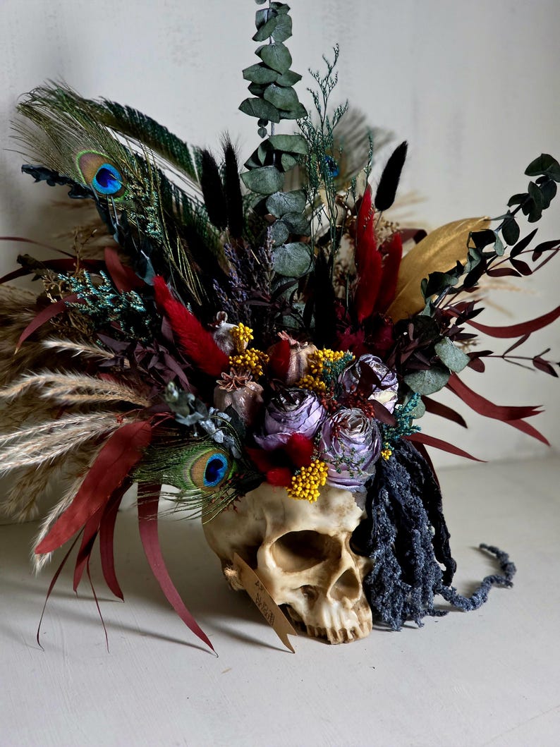Skull dark flower decor,skeleton gothic home decor,sugar skull table decor,scary flower arrangement,Creepy gift,alternative gift,human skull image 19