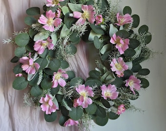 Eucalyptus door wreath,Lavender wreath,Pink Flower front door decor,Greenery Wreath,Traditional Eucalyptus wreath,Rosemary artificial wreath