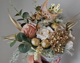 Arranjo de buquê de chocolate Eid Mubarak, conjunto de presente Eid dourado creme verde sálvia, presente de chocolate para Eid, cesta de Eid, presente de Eid para esposa, cesta de Eid