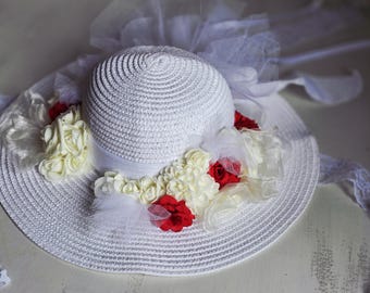 Mary Poppins jolly holiday costume hat,Mary Poppins hat,kids dress up,Mary Poppins inspired white lace ribbon flower hat for girls dress up