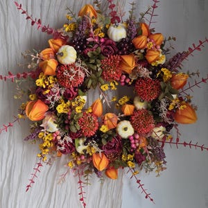 Autumn Pumpkin wreath for front door,Red Rose wreath,Burgundy Thanksgiving decor,Orange Pumpkin Door Wreath,Berries,Fall Pumpkin wreath XXL