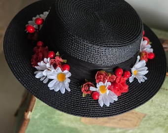 Mary Poppins jolly holiday costume hat,Mary Poppins hat,kids dress up,Mary Poppins inspired white lace ribbon flower hat for girls dress up