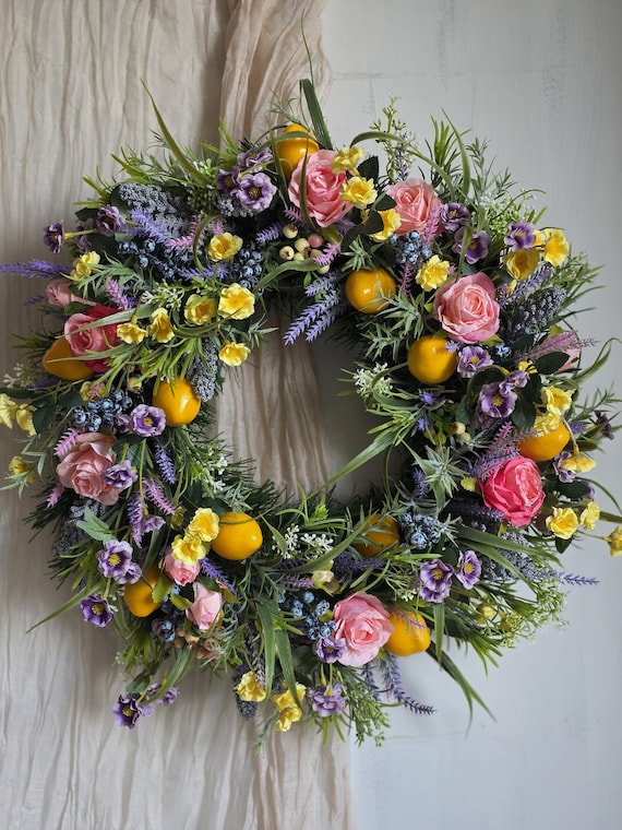 Ghirlanda Di Fiori Artificiali Primaverile 50,8 Cm - Margherite Viola, Blu E Bianche Con Bacche, Per Porta, Parete, Finestra