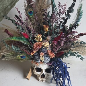 Skull dark flower decor,skeleton gothic home decor,sugar skull table decor,scary flower arrangement,Creepy gift,alternative gift,human skull image 13