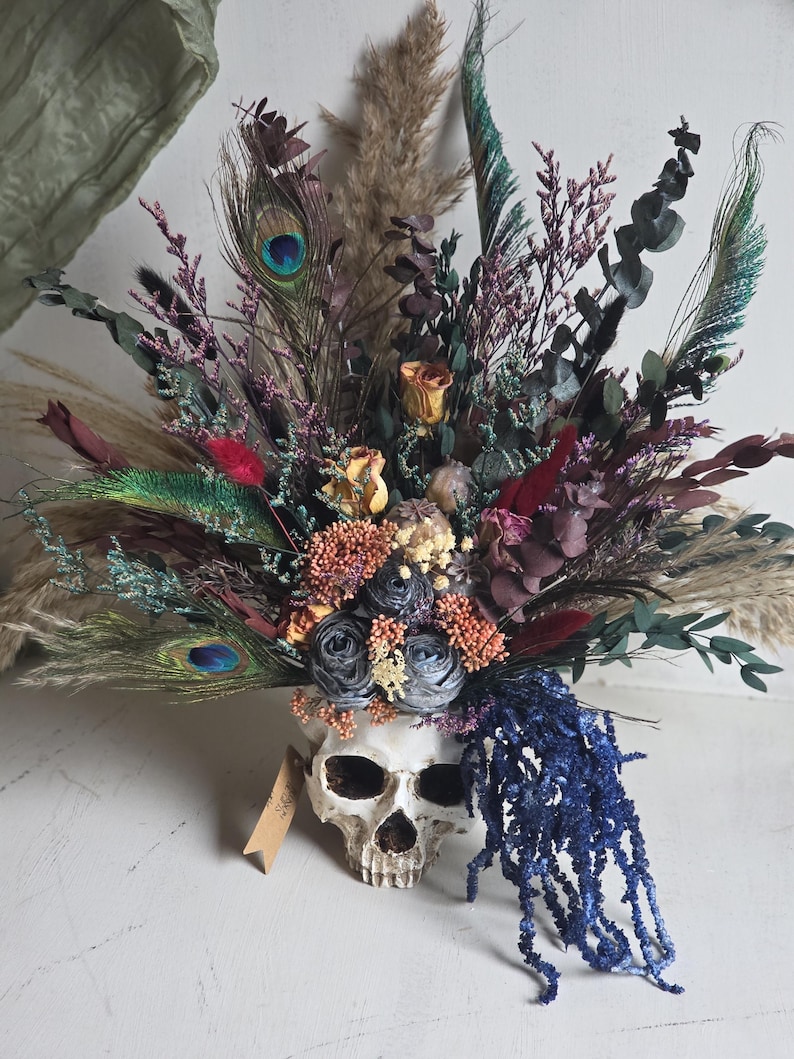 Skull dark flower decor,skeleton gothic home decor,sugar skull table decor,scary flower arrangement,Creepy gift,alternative gift,human skull image 13