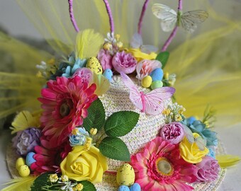 Easter Hat Floral Egg Flowers Bunny Garden Butterfly Festival Bonnet Spring Big Easter Hat Floral Egg Flowers Bunny Garden Butterfly  main image 3