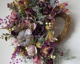 Heart Shaped Autumn Wreath 40cm | Pumpkin Fall Door Wreath | Rustic Floral Heart Wreath | Thanksgiving Decor | Front Door Decoration