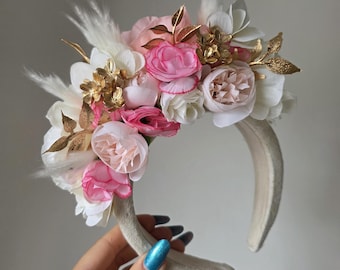 Flower Headband,Girls Flower Crown,Birthday Gift,Pink White Gold Headband,Woman Flower Hair Accessory,Ascot Birthday Party Floral Tiara,Gift