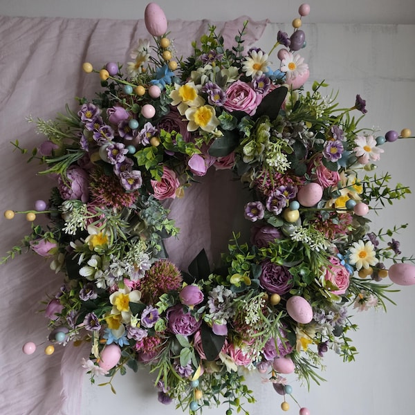 Easter Wreath for Front Door,Lilac Peony Easter Egg Wreath,Faux Meadow Flower Artificial Door Wreath,Large Spring Yellow Daffodil Wreath XXL