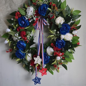 Independence Day Front Door Wreath,Patriotic 4th of July Wreath,Stars and Stripes Flower Gift Wreath,Red White and Blue Wreath,Flag Wreath