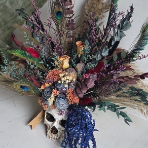 Skull dark flower decor,skeleton gothic home decor,sugar skull table decor,scary flower arrangement,Creepy gift,alternative gift,human skull image 12