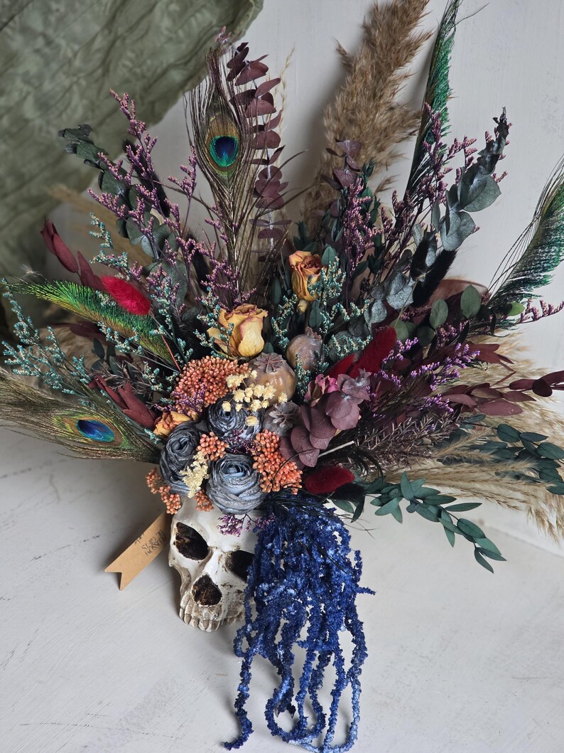 Skull dark flower decor,skeleton gothic home decor,sugar skull table decor,scary flower arrangement,Creepy gift,alternative gift,human skull image 12
