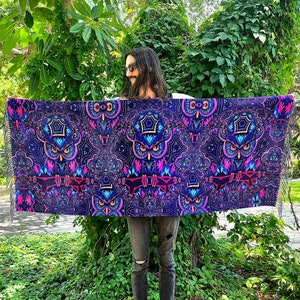 Trippy Fractal Owl Reversible Rave Pashmina - Festival/EDM Shawl - by PLURfect Studios