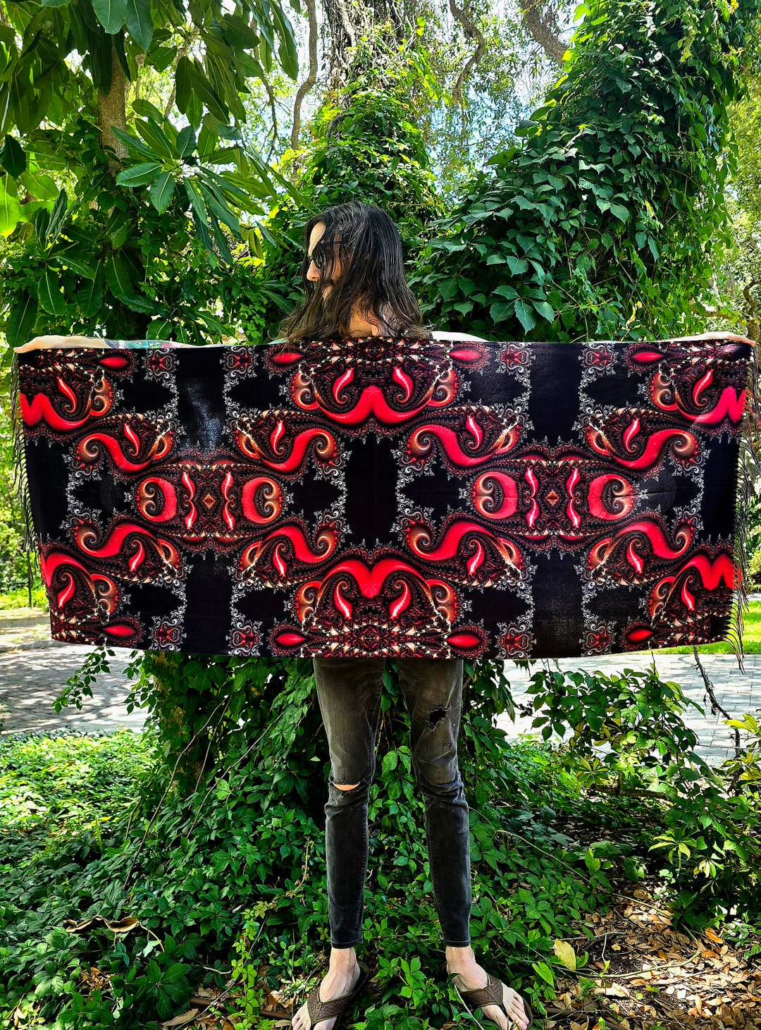 Red & Black Paisley Reversible Rave Pashmina - Festival/edm Shawl - by ...