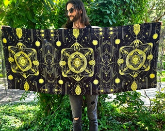 Yellow & Black Trippy Reversible Rave Pashmina - Festival/EDM Shawl - by PLURfect Studios
