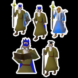 Op de afbeelding: Een verzameling stickerontwerpen met cartoon tovenaars in verschillende poses. De tovenaars dragen olijfgroene gewaden, blauwe kronen en een bril. Sommigen houden staven, schilden of boeken vast. De stickers hebben witte randen op een zwarte achtergrond.
