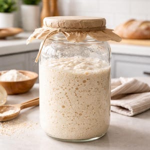 May include: A clear glass jar filled with bubbly, off-white sourdough starter. The jar is sealed with a brown paper lid tied with twine. Flour and wooden spoons are visible in the background, suggesting a baking theme.