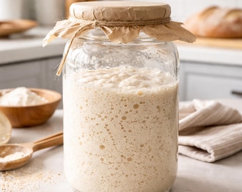 May include: A clear glass jar filled with bubbly, off-white sourdough starter. The jar is sealed with a brown paper lid tied with twine. Flour and wooden spoons are visible in the background, suggesting a baking theme.